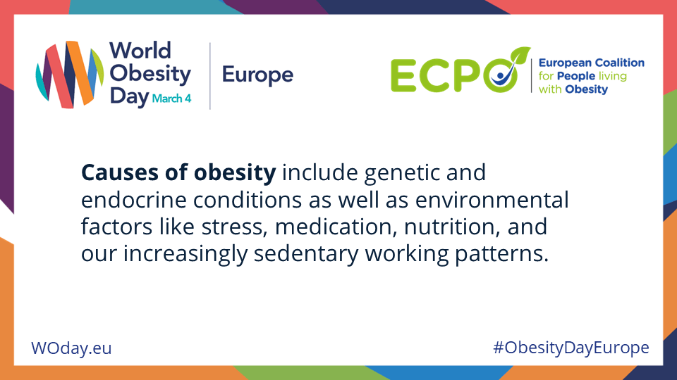 Causes of obesity include genetic and endocrine conditions as well as environmental factors like stress, medication, nutrition, and our increasingly sedentary working patterns.