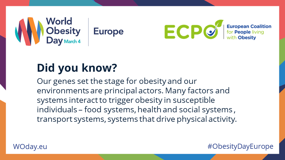 Did you know? Our genes set the stage for obesity and our environments are principal actors. Many factors and systems interact to trigger obesity in susceptible individuals - food systems, health and social systems, transport systems, systems that drive physical activity.