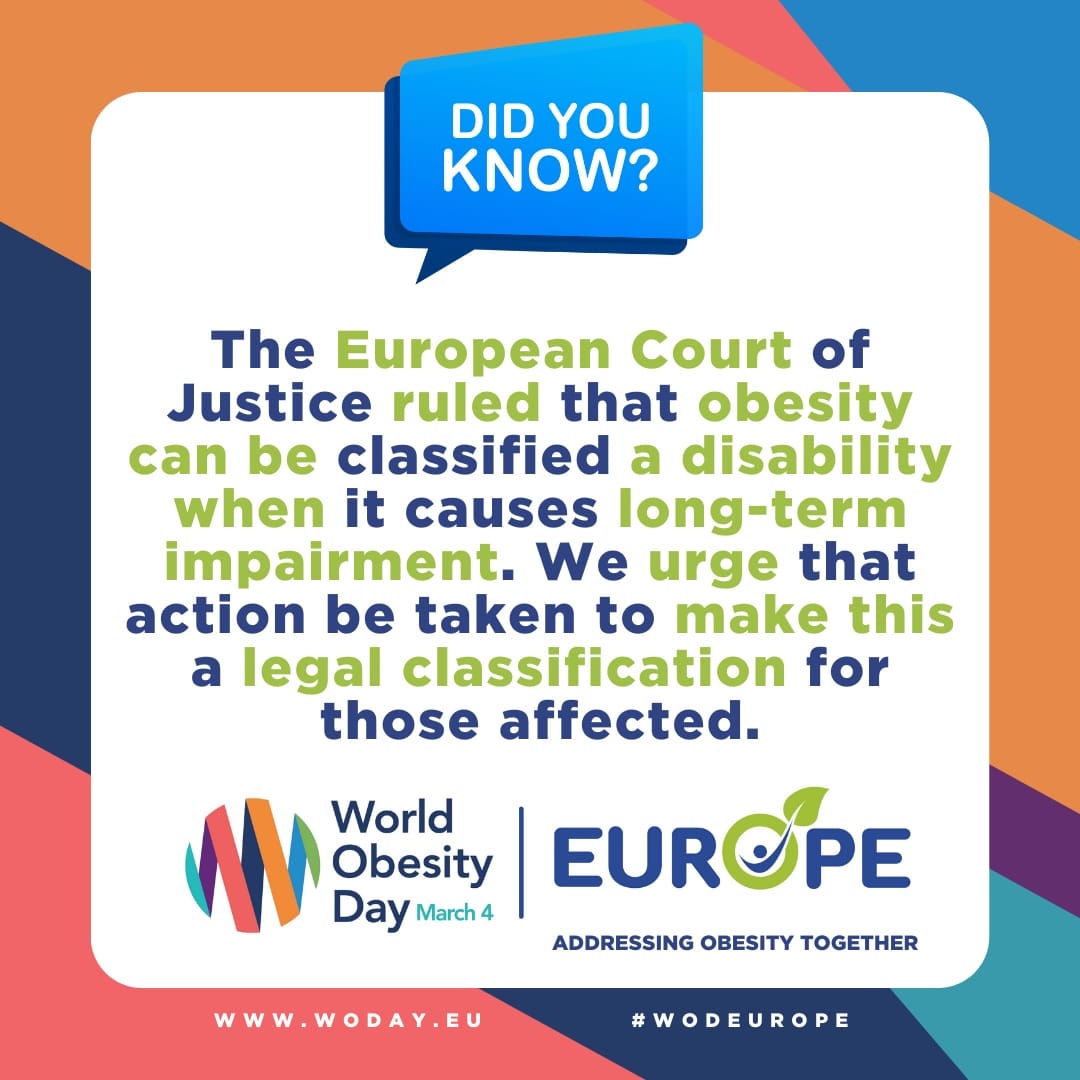The European Court of Justice ruled that obesity can be classified a disability when it causes long-term impairment. We urge that action be taken to make this a legal classification for those affected. The European Court of Justice ruled that obesity can be classified a disability when it causes long-term impairment. We urge that action be taken to make this a legal classification for those affected.