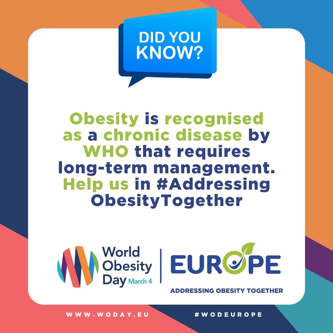 Obesity is recognised as a chronic disease by WHO that requires long-term management. Help us in #Addressing ObesityTogether Obesity is recognised as a chronic disease by WHO that requires long-term management. Help us in #Addressing ObesityTogether
