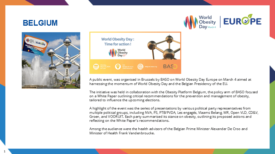 Slide about Belgium: highlights World Obesity Day event with policy focus. Features Atomium image, logos, and mentions Belgian political figures’ involvement.