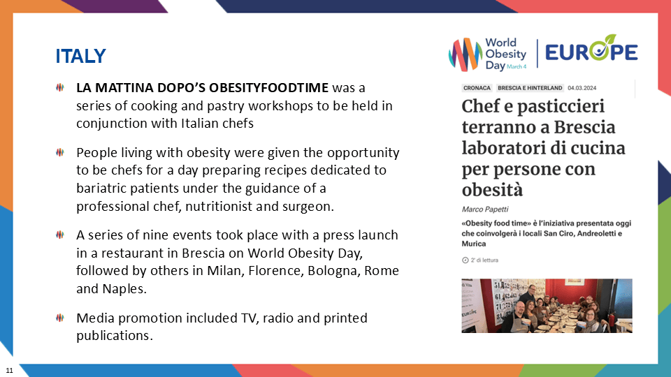 Slide about a cooking workshop in Italy for World Obesity Day, featuring chef, nutritionist, and surgeon, with press coverage and events in various cities. Includes an image of people cooking.