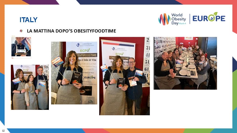 Collage showing people holding awards and a group seated at a long dining table, part of Italy's event for World Obesity Day organized by EASO and ECPG.