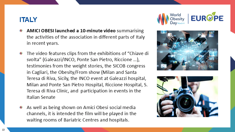 Slide about Italy's involvement in World Obesity Day. Highlights a 10-minute video with conference clips and testimonies, aimed to be shown in bariatric centers.