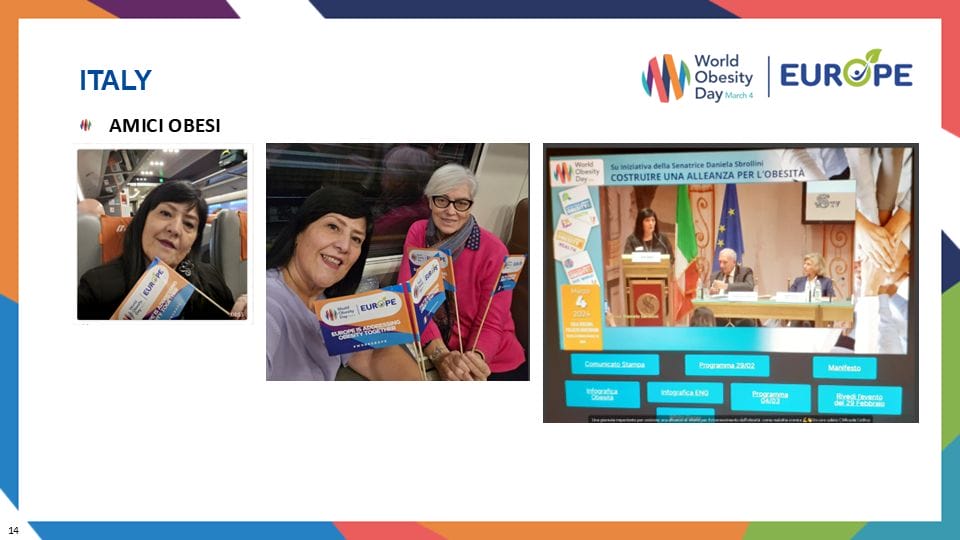 Collage of images from World Obesity Day events in Italy, featuring participants holding event materials and a panel discussion on stage.