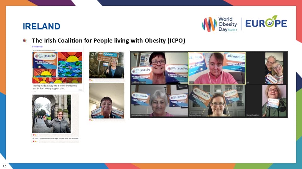 Collage of images featuring people holding signs that read "World Obesity Day" and the text "The Irish Coalition for People living with Obesity (ICPO)" on a presentation slide.