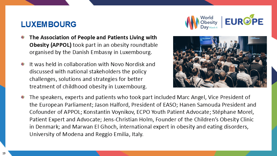 Slide about "LUXEMBOURG" discussing a roundtable on childhood obesity. Organized by the Danish Embassy in collaboration with Novo Nordisk and other experts. Lists various speakers and their roles.