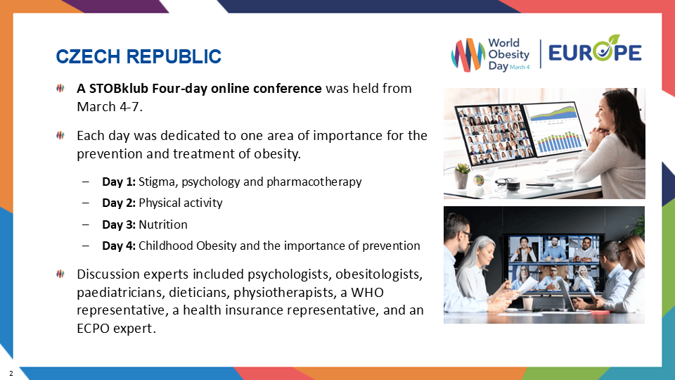 Presentation slide about a four-day online conference in the Czech Republic focused on obesity prevention and treatment, discussing stigma, physical activity, nutrition, and childhood obesity.