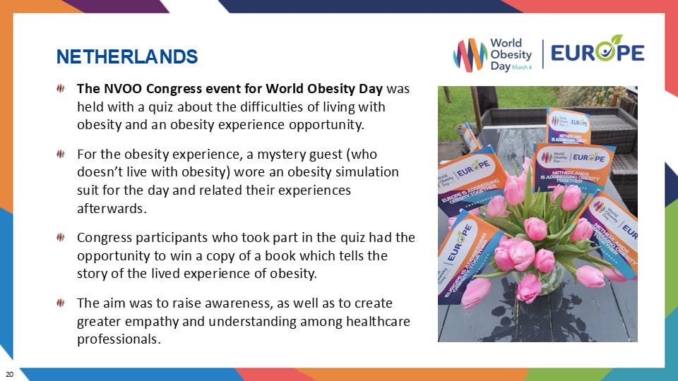 Slide about the NVOO Congress event for World Obesity Day, featuring a quiz, an obesity simulation experience, and the chance to win a book. Pink tulips and informational booklets are displayed.