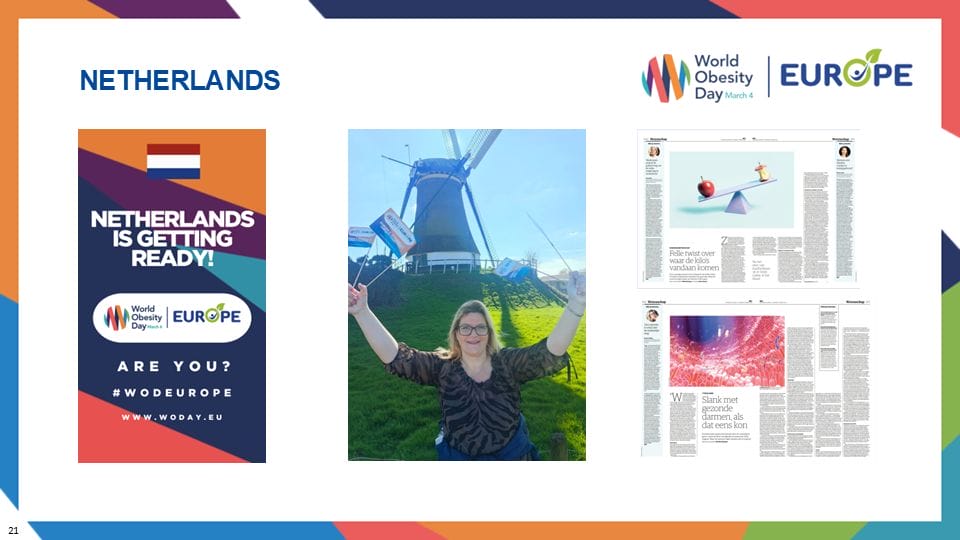 A collage featuring a World Obesity Day poster, a person posing with a windmill, and a display of two newspaper articles.