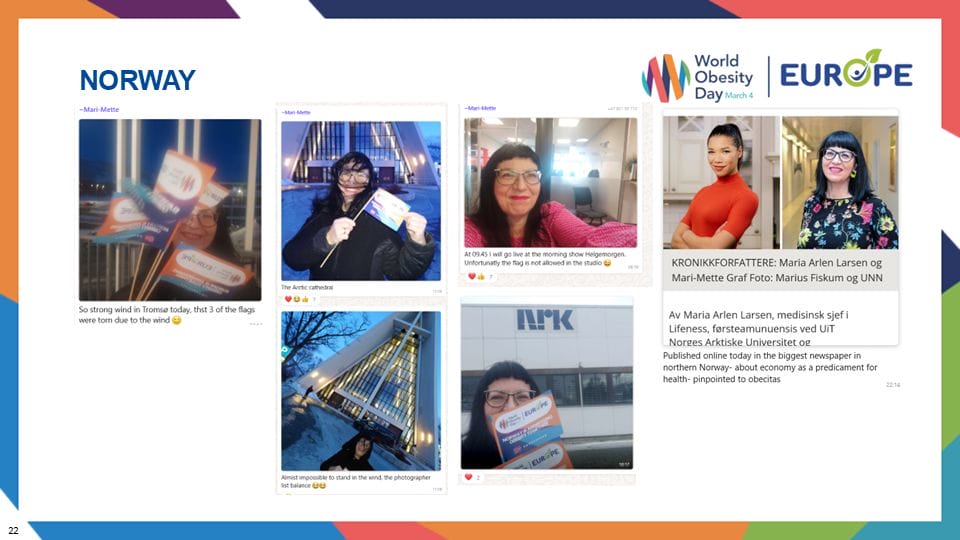 Collage of images and text related to World Obesity Day in Norway, featuring various individuals and messages promoting the event.