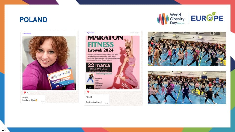 Collage of images: woman holding obesity awareness materials, fitness event poster, and group fitness class in a gym.