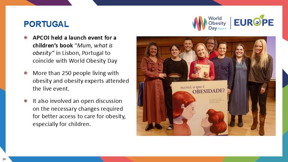 Group of people standing with a children's book poster at a launch event in Lisbon, related to World Obesity Day.