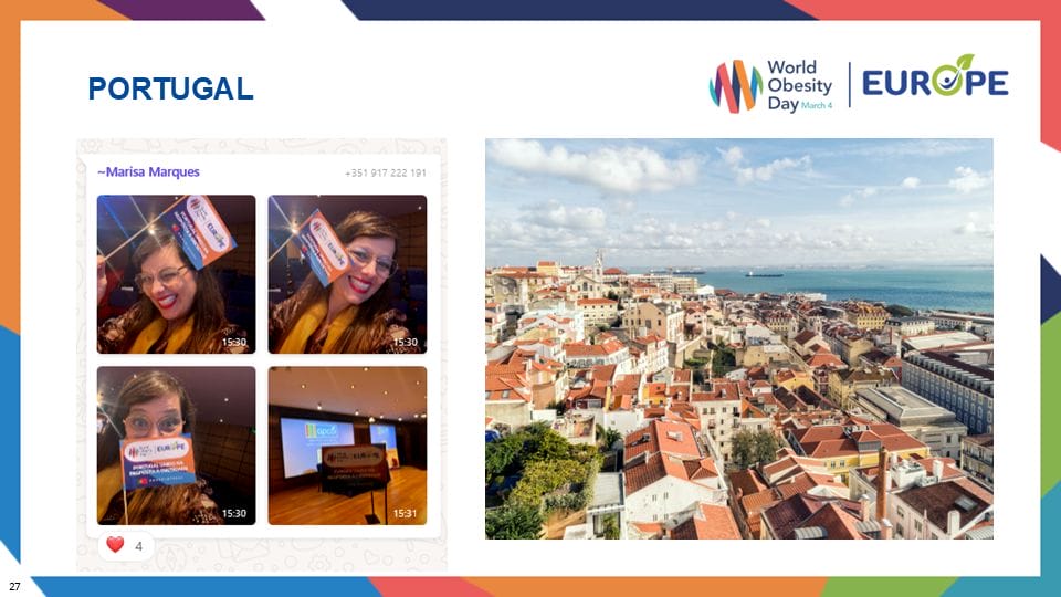 Collage with selfies featuring a woman holding a sign and a conference room, alongside a cityscape of Lisbon. World Obesity Day and Europe logos are also displayed.