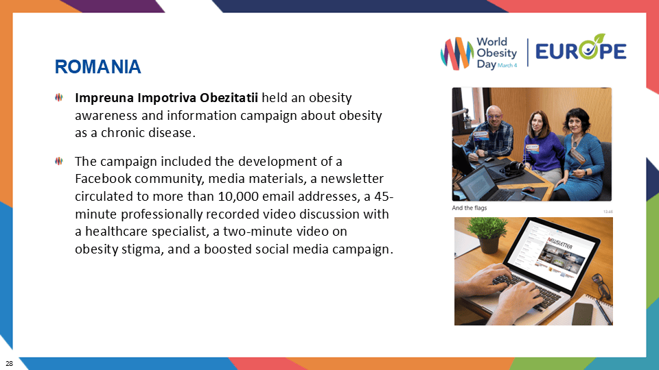 Slide about obesity awareness in Romania, mentioning a campaign with videos, newsletters, and social media. Includes images of people recording a video and a tablet showing a laptop.