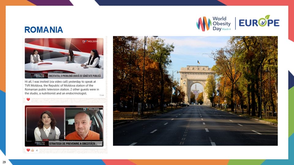 Split image showing a TV studio discussion about obesity prevention in Romania on the left, and a photo of a tree-lined avenue with a monument in the background on the right.