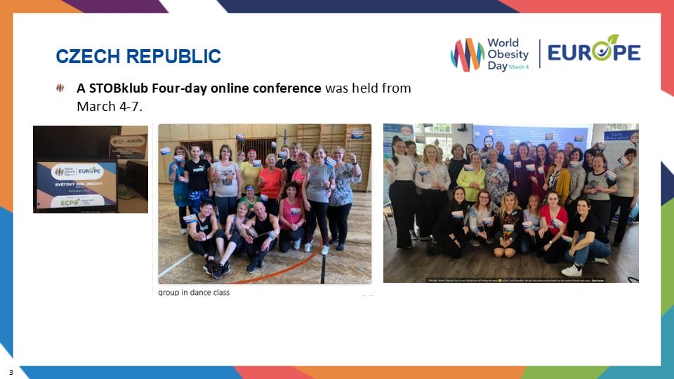 Collage of an online conference announcement and group photos from a dance and a group activity, highlighting the STOBklub event in the Czech Republic.