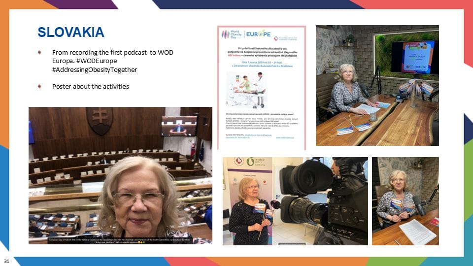 A presentation slide about Slovakia's activities for WOD Europa, highlighting a podcast recording, a poster, and various event photos.