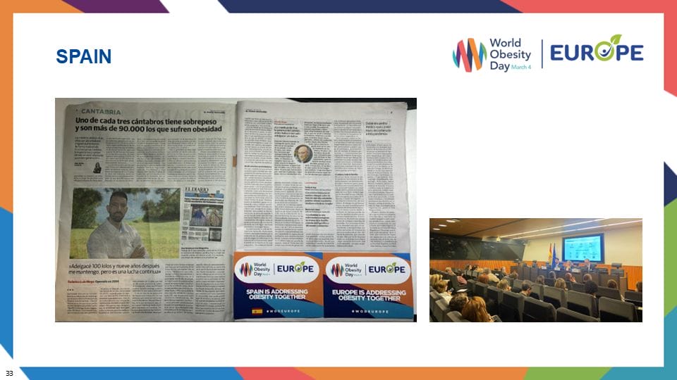Collage featuring a newspaper spread about obesity in Spain and a conference room image with people attending an event related to World Obesity Day Europe.