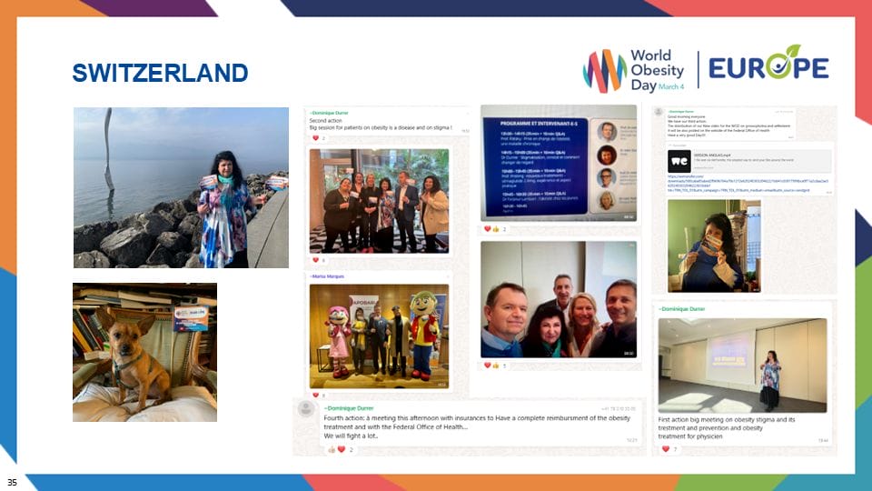 Collage with images from World Obesity Day events in Switzerland, including photos of people, a dog, and event details.