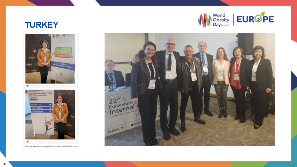 A group of people standing in a conference room, posing for a photo. A banner in the background references the 22nd European Congress on Obesity. Two smaller images feature a smiling woman.
