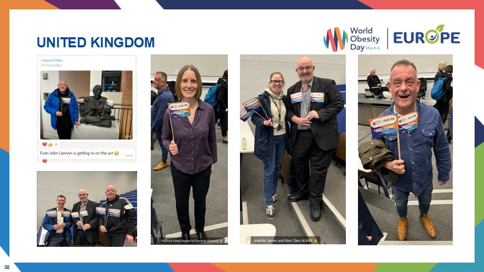 People holding signs at a World Obesity Day event in the UK. Various activities and interactions are shown in the images.