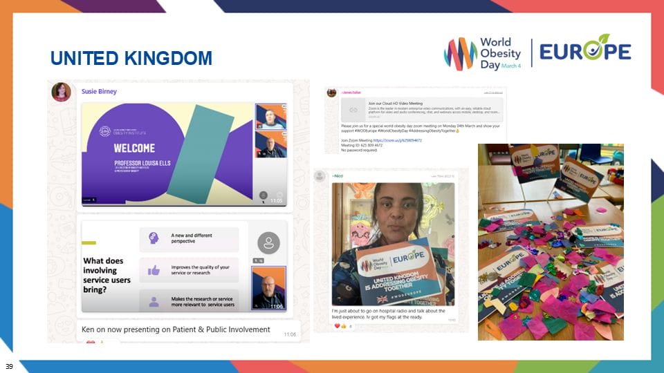 Collage of social media posts and event materials for World Obesity Day in the UK, featuring presentations, promotional items, and a puzzle activity.