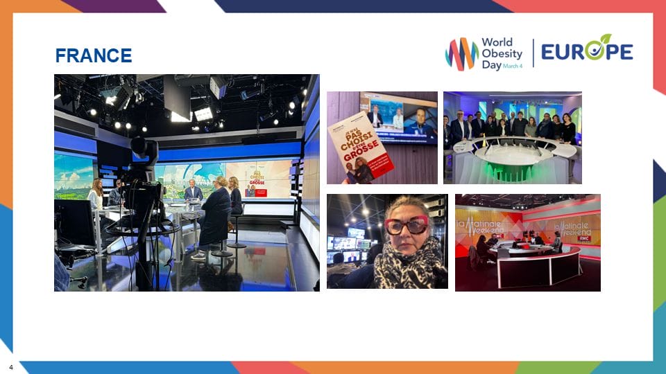A collage of TV studio scenes in France for World Obesity Day, showing discussions, a book titled "Pas si grosse," and various participants involved in media activities.