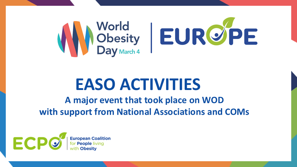 Banner for World Obesity Day on March 4, featuring EASO activities with support from National Associations. Includes logos for Europe and ECPO.