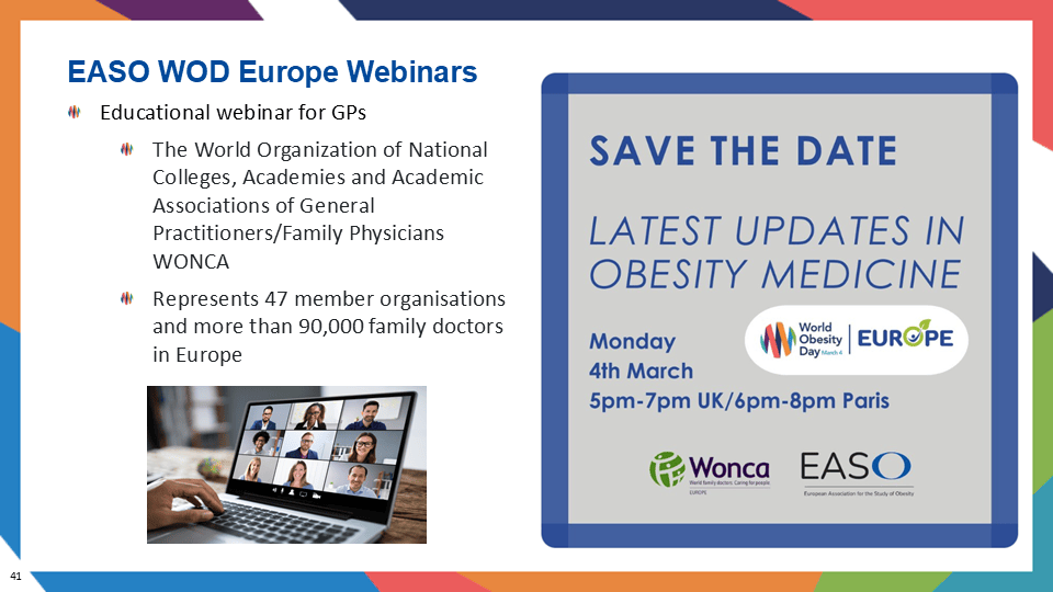 Webinar invitation for EASO WOD Europe about obesity medicine updates, scheduled for Monday, 4th March, featuring WONCA and EASO. Includes a small collage of people in a video call.