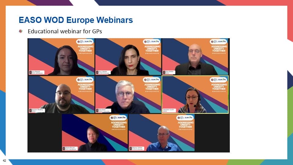 A webinar panel with eight participants displayed in a grid format, each with a colorful background labeled "Addressing Obesity Together." The text above reads, "EASO WOD Europe Webinars.