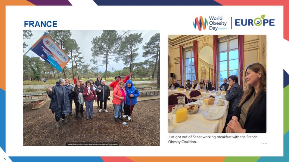 Group photo of people holding a "World Obesity Day" sign outdoors and a separate indoor image showing attendees at a breakfast meeting for the French Obesity Coalition.