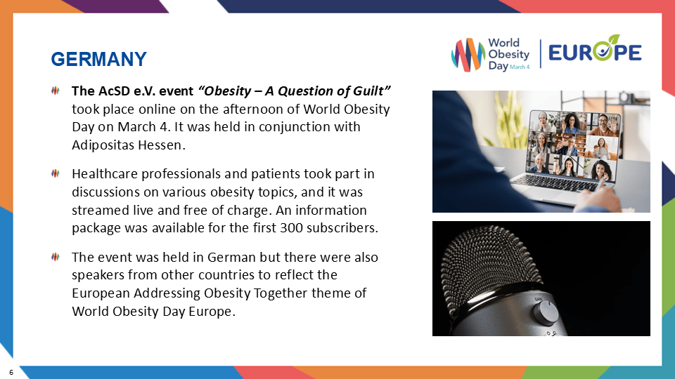 Slide about the AcSD e.V. event “Obesity – A Question of Guilt” held online on World Obesity Day. Discusses topics, featured speakers, and provided an information package.