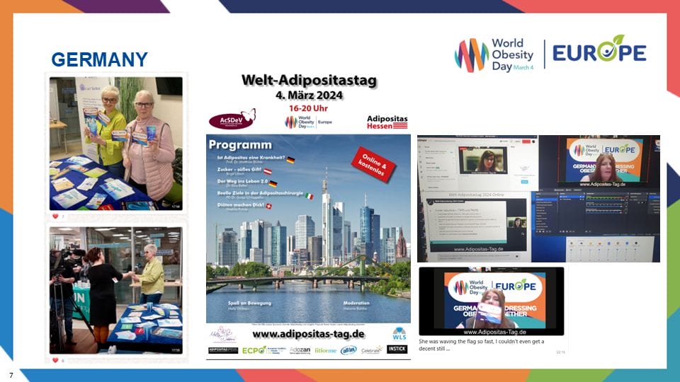 Collage of images related to World Obesity Day in Germany, featuring event details, a city skyline, and people at a conference.