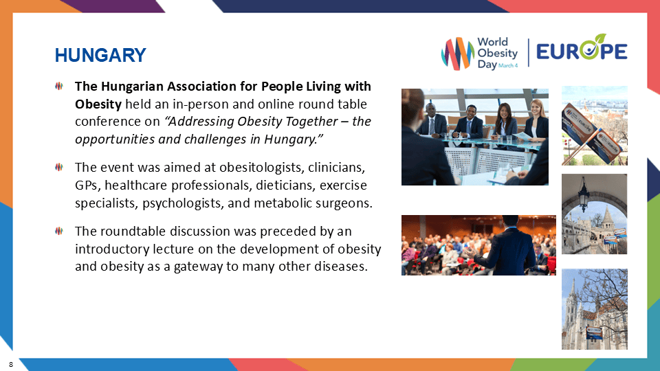 Slide summarizing a conference in Hungary on obesity, featuring a panel discussion. Includes logos, event images, and text about the Hungarian Association for People Living with Obesity.