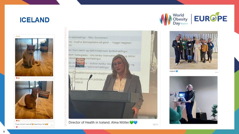 A collage featuring a cat, a speaker identified as the Director of Health in Iceland, and a group celebrating World Obesity Day Europe.