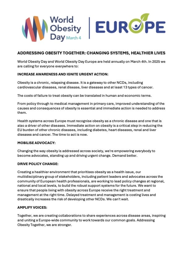 European campaign flyer for World Obesity Day, featuring event details, goals to increase awareness, and actions to address obesity as a chronic disease, emphasizing collaborative efforts.