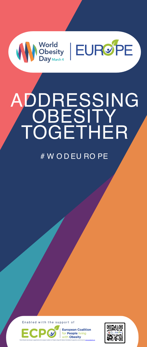 Vertical banner for World Obesity Day Europe. Text reads "Addressing Obesity Together #WODEurope" with logos for ECPO and World Obesity Day. Colorful geometric design as background.