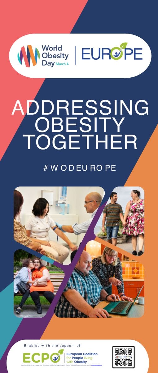 Vertical banner for World Obesity Day Europe. Features diverse people in active and social settings, with the text "Addressing Obesity Together" and logos of supporting organizations.