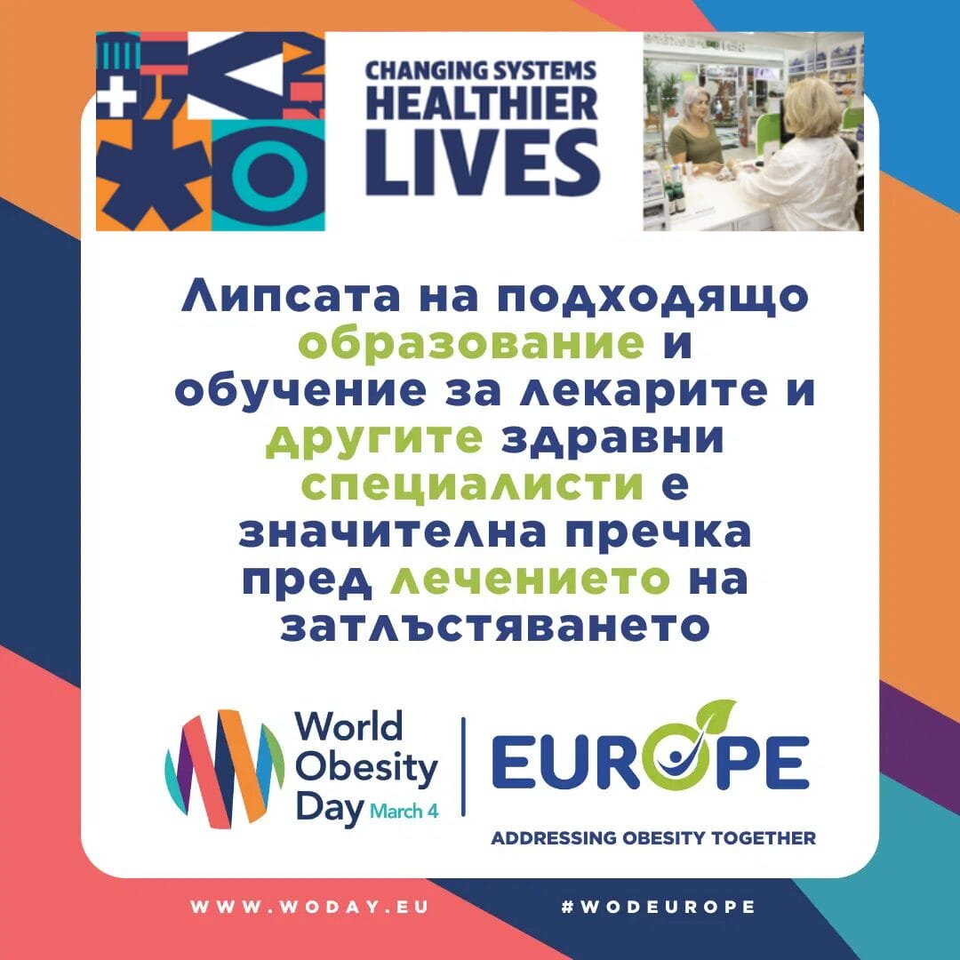Poster for World Obesity Day featuring people in a pharmacy setting, with text about the importance of education for healthcare professionals. Logos of World Obesity Day and Europe are displayed.