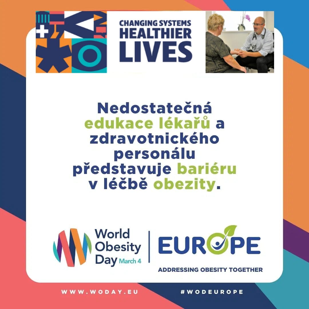 Promotional poster for World Obesity Day with text in Czech, featuring slogan, logo, and an image of two people in a medical consultation.
