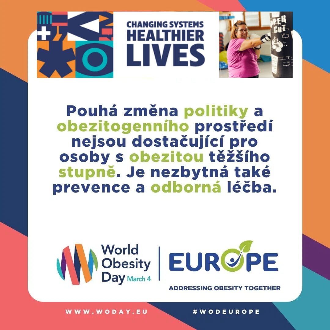 Promotional poster for World Obesity Day featuring text in Czech and images of a fitness and a diverse group of people.