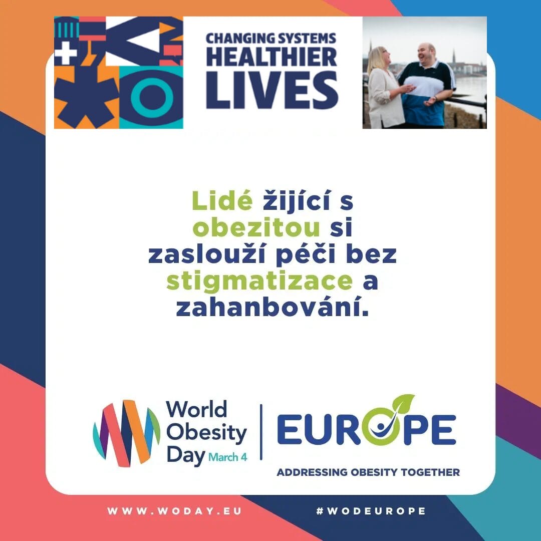 World Obesity Day promotional graphic with a message about stigma-free care for people living with obesity, logos, and a photo of two people talking outdoors.