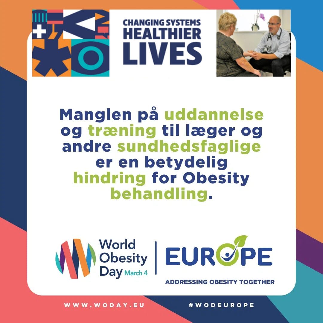 Promotional poster for World Obesity Day with a focus on education and training for healthcare professionals as a barrier to obesity treatment. Includes logos and people discussing at a table.
