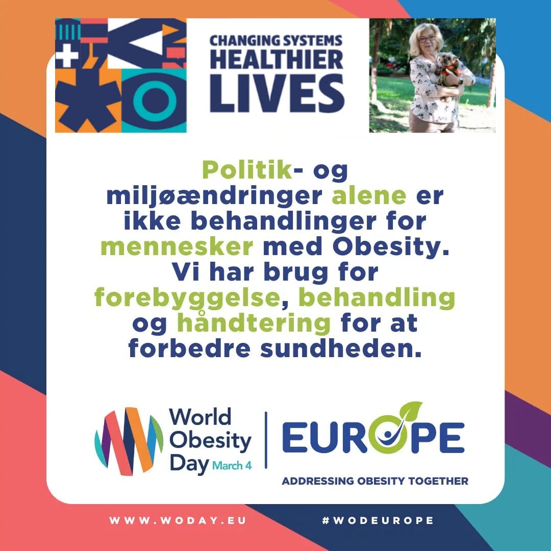 Colorful graphic promoting World Obesity Day with text in Danish about prevention and treatment. Features a woman holding a dog and several logos, including "Europe" and "Changing Systems Healthier Lives.