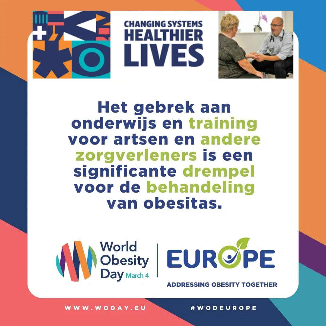 Promotional poster for World Obesity Day, featuring text about healthcare training and a discussion photo in the top right corner.