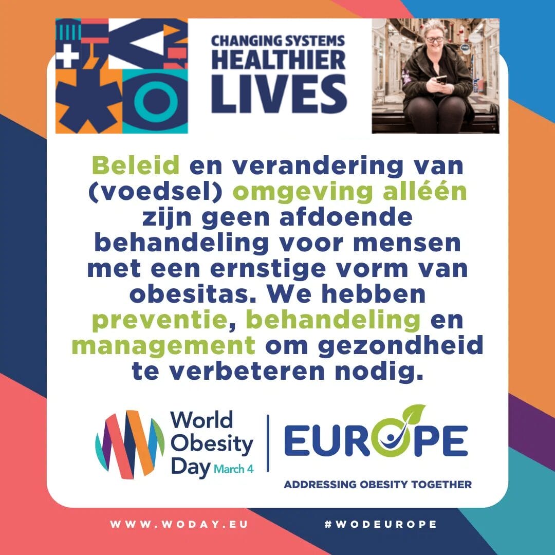 Colorful infographic about World Obesity Day on March 4, focusing on policy changes and management for healthier lives in Europe, featuring a seated person on the top right.