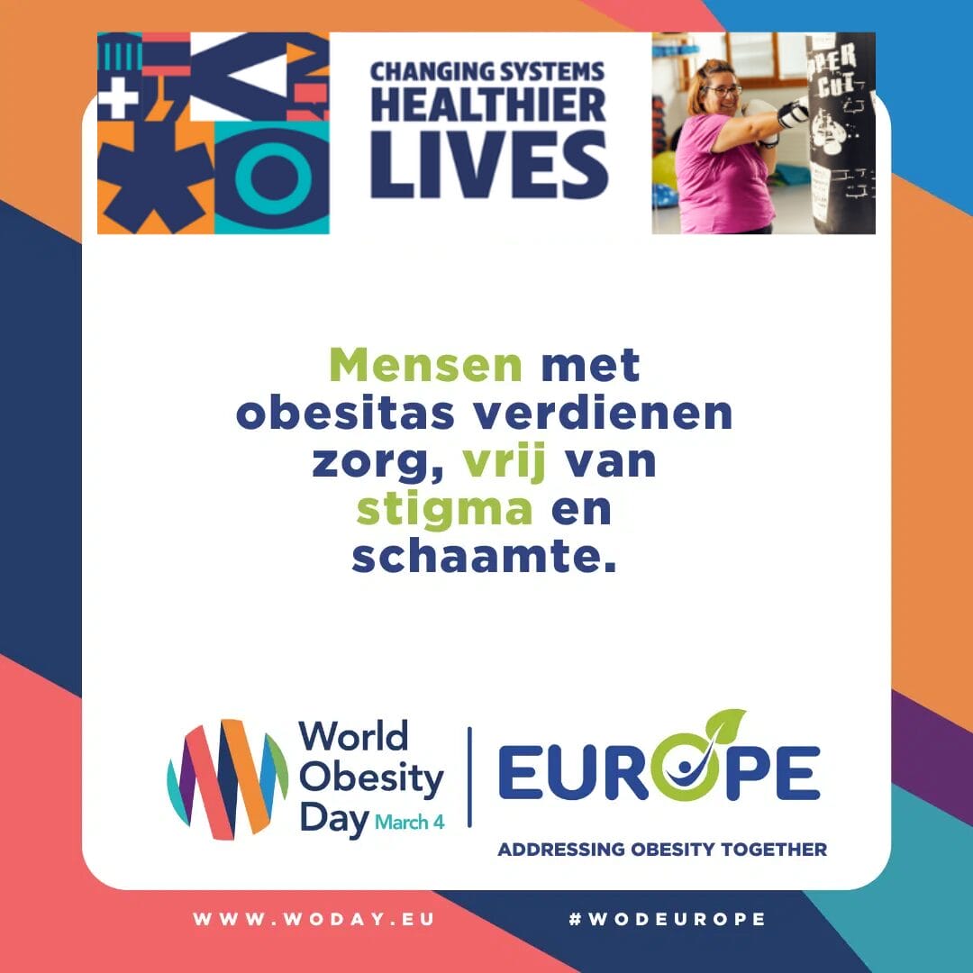 Promotional poster for World Obesity Day featuring a person in a gym, logos, and text discussing support and stigma.