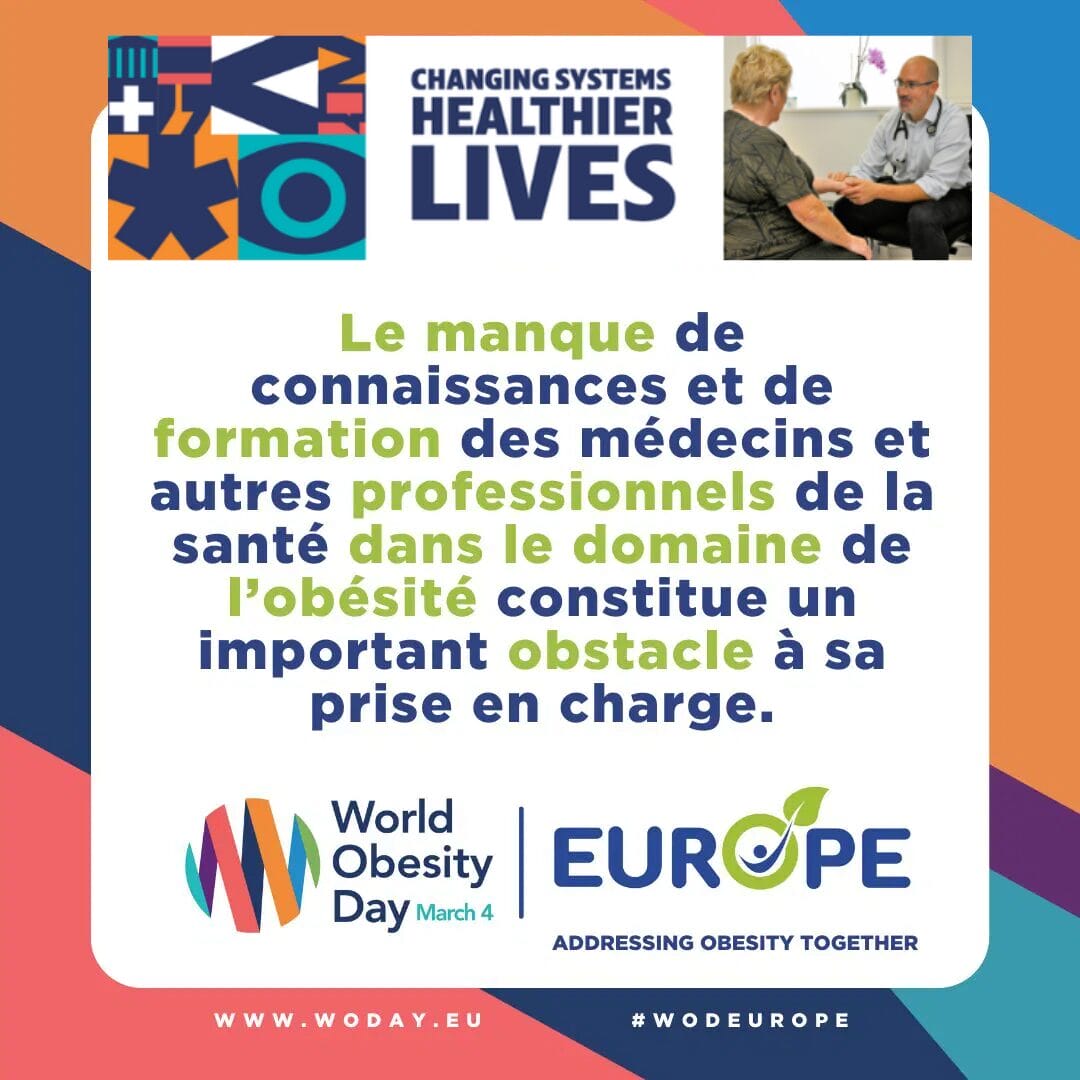 Promotional poster for World Obesity Day with a message in French about the importance of knowledge and training for healthcare professionals in obesity management.