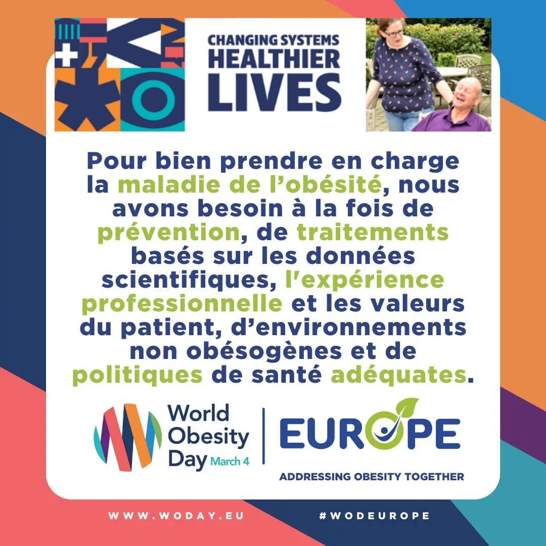 Promotional image for World Obesity Day, featuring text in French about addressing obesity with prevention, treatment, and policies. Includes logos and a photo of smiling people outdoors.
